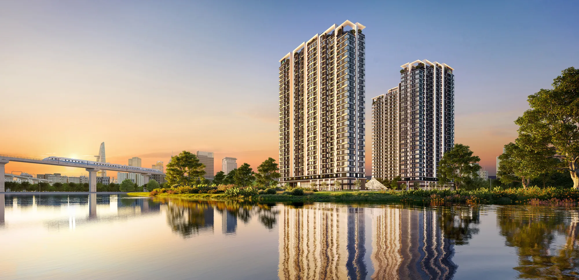 Phối cảnh hai tháp Maris và Lucis của TT GENESIS bên sông lúc hoàng hôn